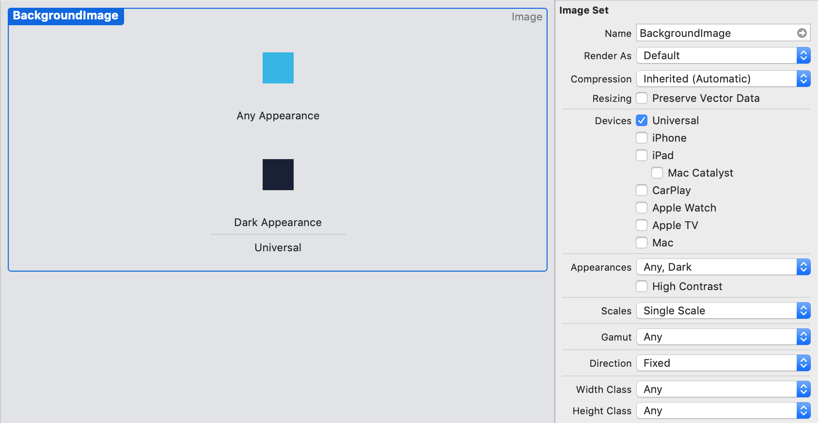 Asset catalog Xcode, image avec variante mode sombre